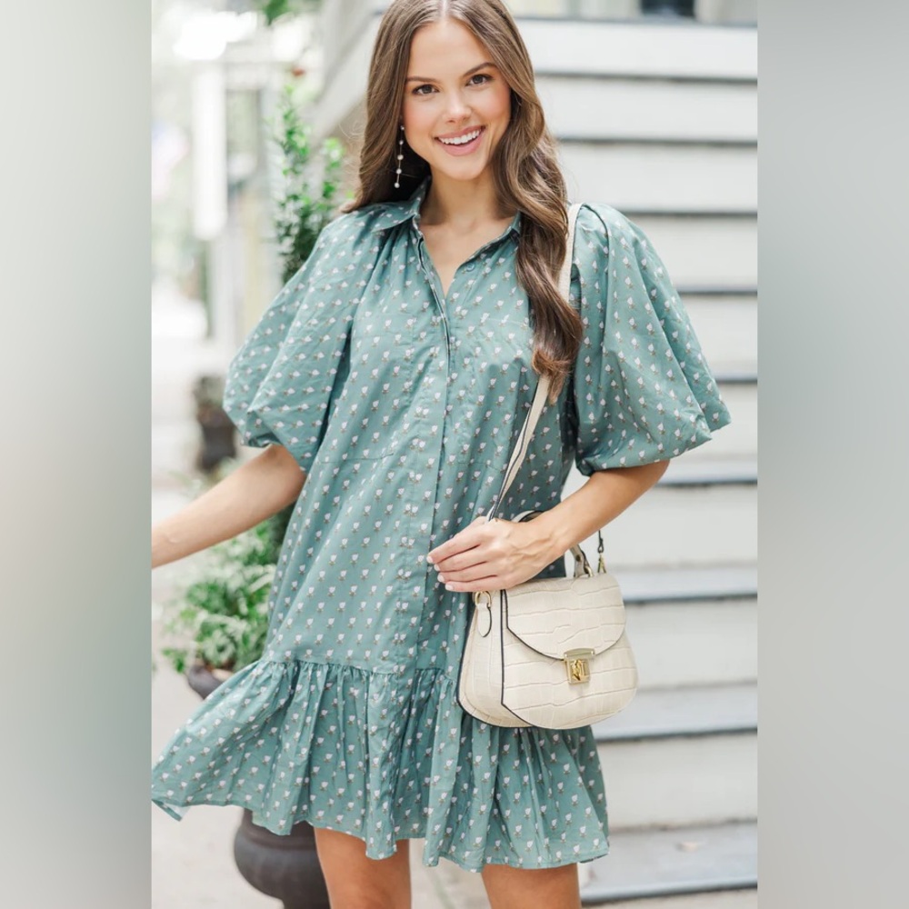 Aureum Stylish Green Flower Design Dress -100% cotton